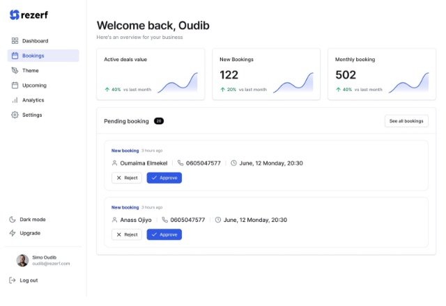 Rezerf booking dashboard interface